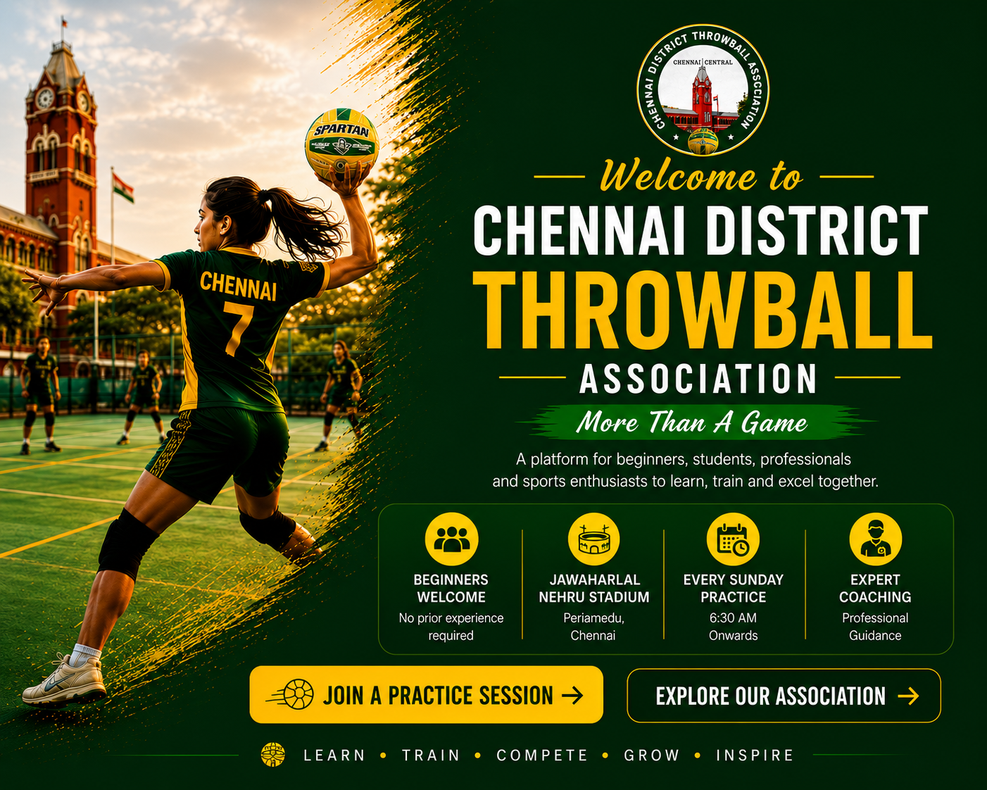 Welcome to Chennai District Throwball Association. Beginners are welcome for Sunday throwball practice at Jawaharlal Nehru Stadium, Periamedu, Chennai.